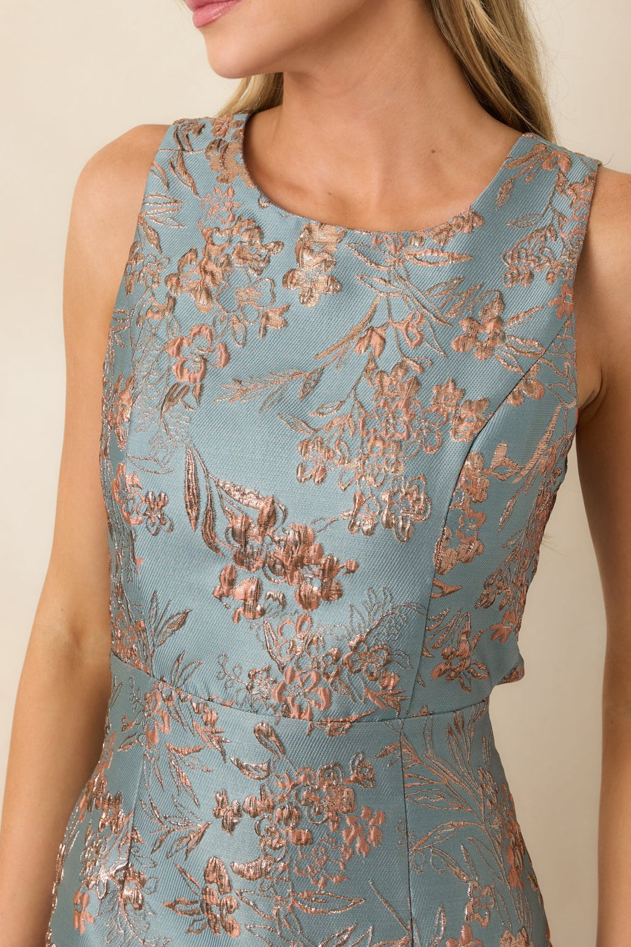Toz Mavi Rose Gold Çiçek Jakarlı Mini Elbise