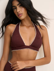 Kahverengi Kontrast Dikişli Bikini Bluz