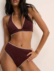 Kahverengi Kontrast Dikişli Yüksek Belli Bikini Bottoms