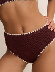 Kahverengi Kontrast Dikişli Yüksek Belli Bikini Bottoms