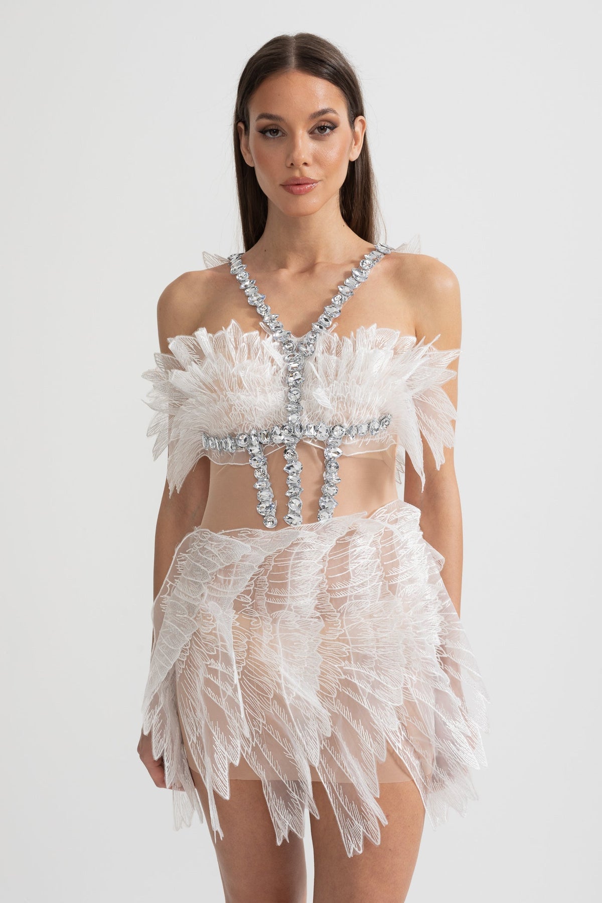Transparan Wings Doku ve Kristal Süslemeler Detaylı Ethereal Mini Elbise - Beyaz