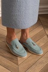Kontrast Taban ve Metal Süsler Detaylı Süet Loafers - Bebe Mavisi