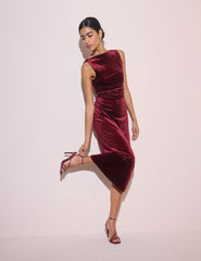 Bordo Kadife Margot Midi Boy Elbise