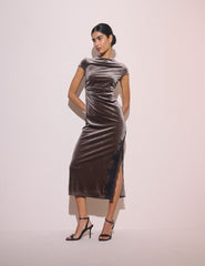 Taupe Kadife Manon Midi Boy Elbise