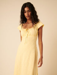 Limon Desenli Sarı Dantel Detaylı Melissa Midi Boy Elbise