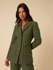 Belverosa X Lisou Siyah ve Lime Yeşil Jakarlı Checkerboard Vücuda Oturan Blazer Ceket
