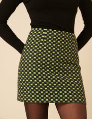 Belverosa X Lisou Siyah ve Lime Yeşil Jakarlı Checkerboard Mini Etek