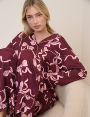 Bordo Fiyonklu Desenli Pijama Takımı