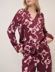 Bordo Fiyonklu Desenli Pijama Takımı