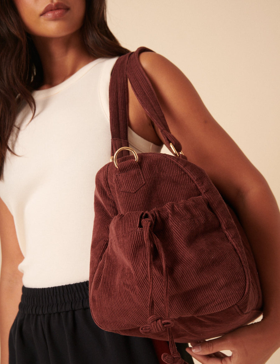 Kahverengi Fitilli Kadife Holdall Çanta