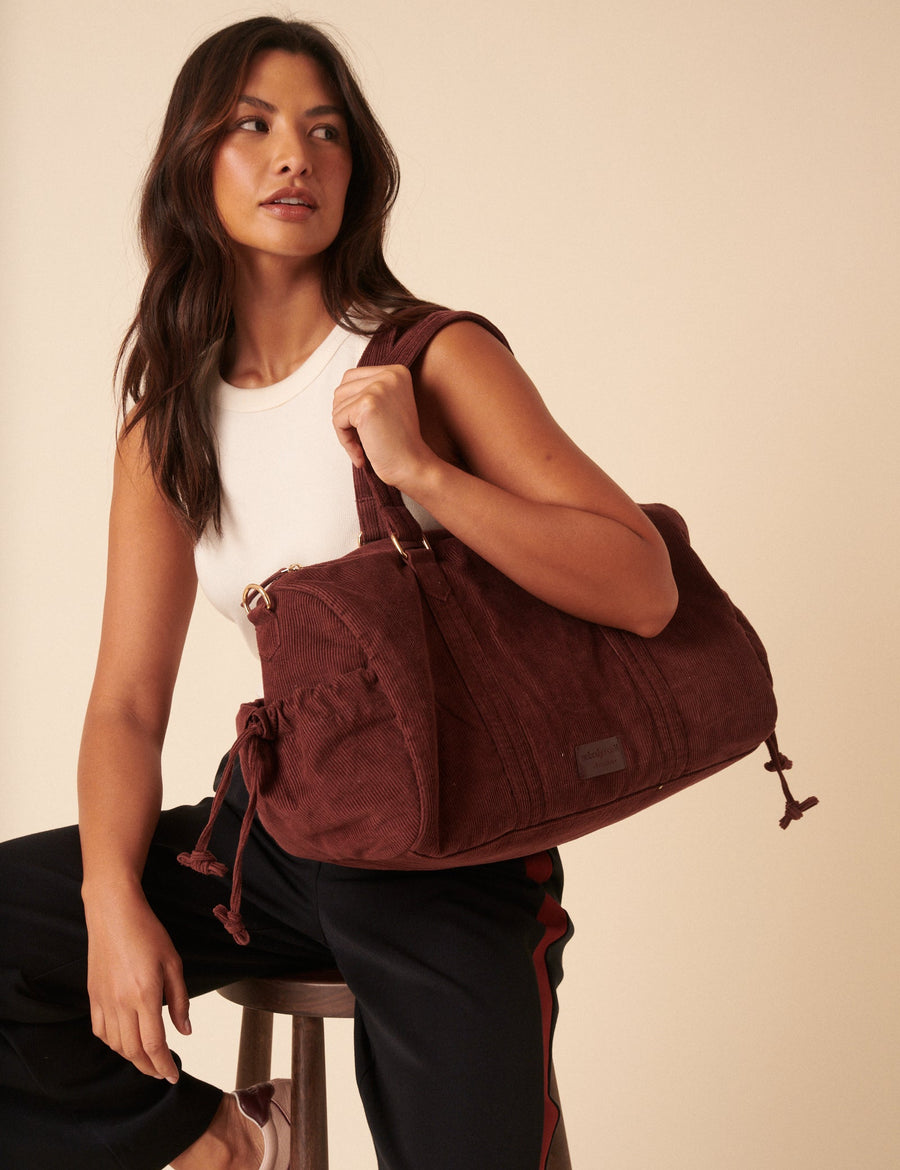Kahverengi Fitilli Kadife Holdall Çanta