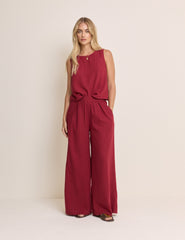 Bordo Keten Karışımlı Geniş Paça Jerrow Pantolon