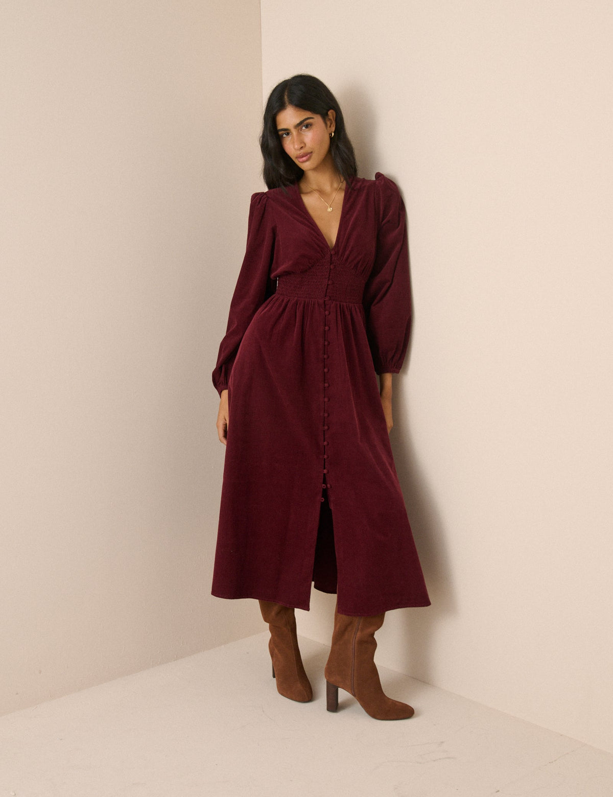 Bordo Fitilli Kadife Gipeli Bel Riley Midi Boy Elbise