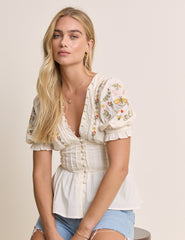 Beyaz İşlemeli Balon Kollu Peplum Bluz