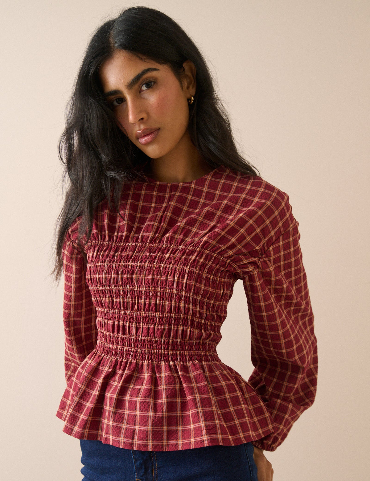 Kırmızı Kareli Gipeli Peplum Bluz