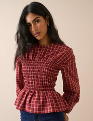 Kırmızı Kareli Gipeli Peplum Bluz