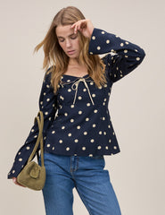 Lacivert Polka Fiyonklu Bluz