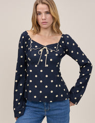 Lacivert Polka Fiyonklu Bluz