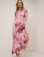 Pembe Çiçek Desenli Phoenix Maxi Boy Elbise
