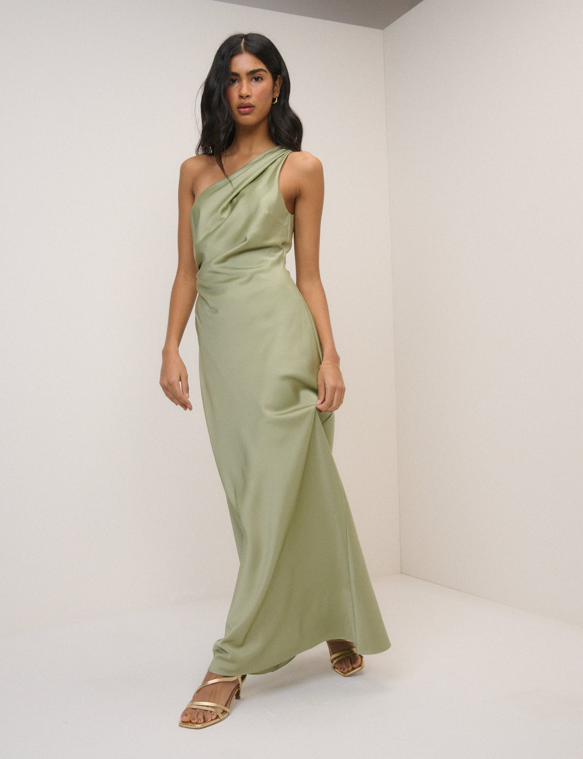 Sage Saten Tek Omuz Sloane Maxi Boy Elbise