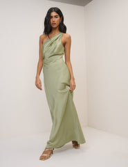 Sage Saten Tek Omuz Sloane Maxi Boy Elbise