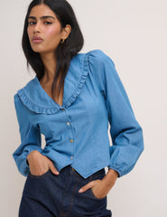 Mavi Denim Fırfırlı Uzun Kollu Bluz