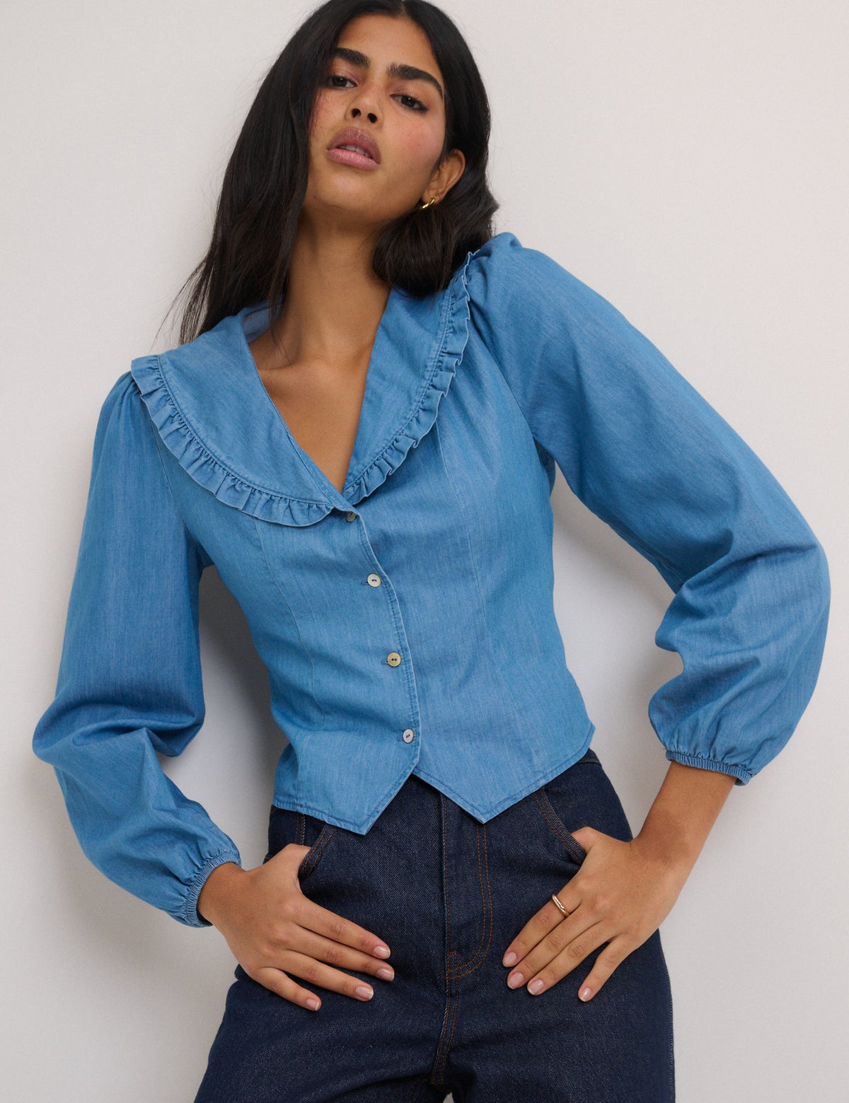 Mavi Denim Fırfırlı Uzun Kollu Bluz