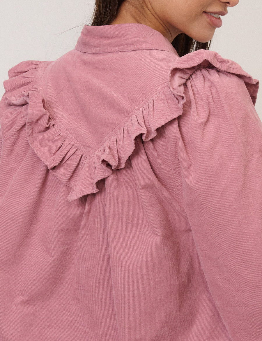 Pembe Fitilli Kadife Fırfırlı Gömlek