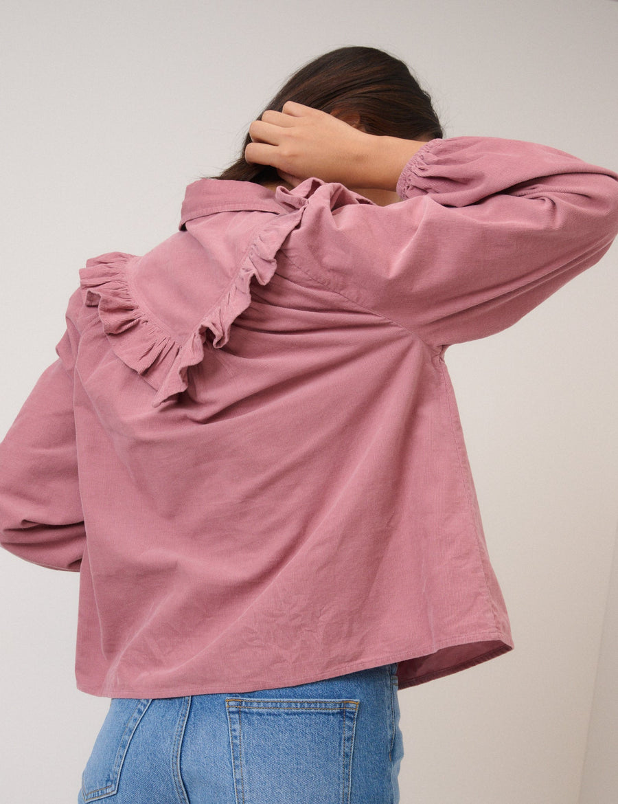 Pembe Fitilli Kadife Fırfırlı Gömlek