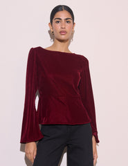 Bordo Fluted Kollu Kadife Eva Bluz