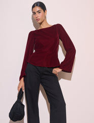 Bordo Fluted Kollu Kadife Eva Bluz