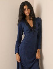Lacivert Puantiyeli Dantel Detaylı Aida Midi Boy Elbise