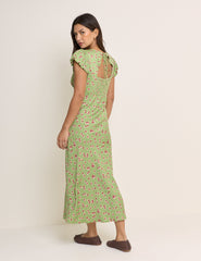 Yeşil Çiçek Desenli Willow Midi Boy Elbise