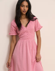Pembe Gipeli V Yaka Eliza Midi Boy Elbise