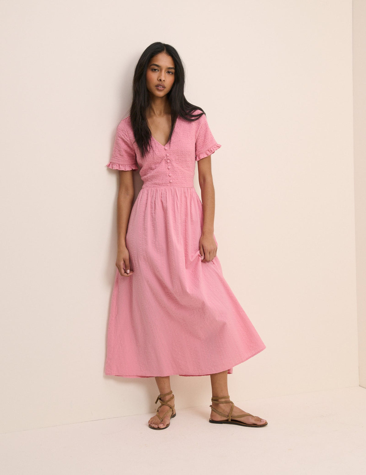 Pembe Gipeli V Yaka Eliza Midi Boy Elbise
