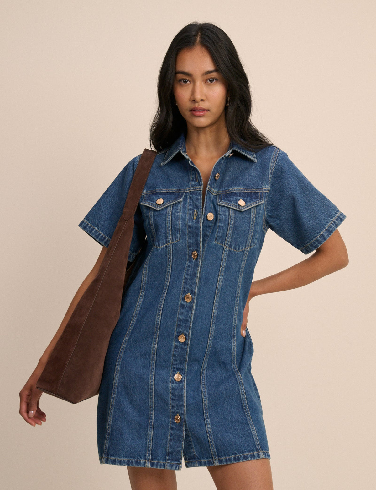Orta Mavi Denim Gömlek Mini Boy Elbise