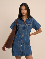 Orta Mavi Denim Gömlek Mini Boy Elbise