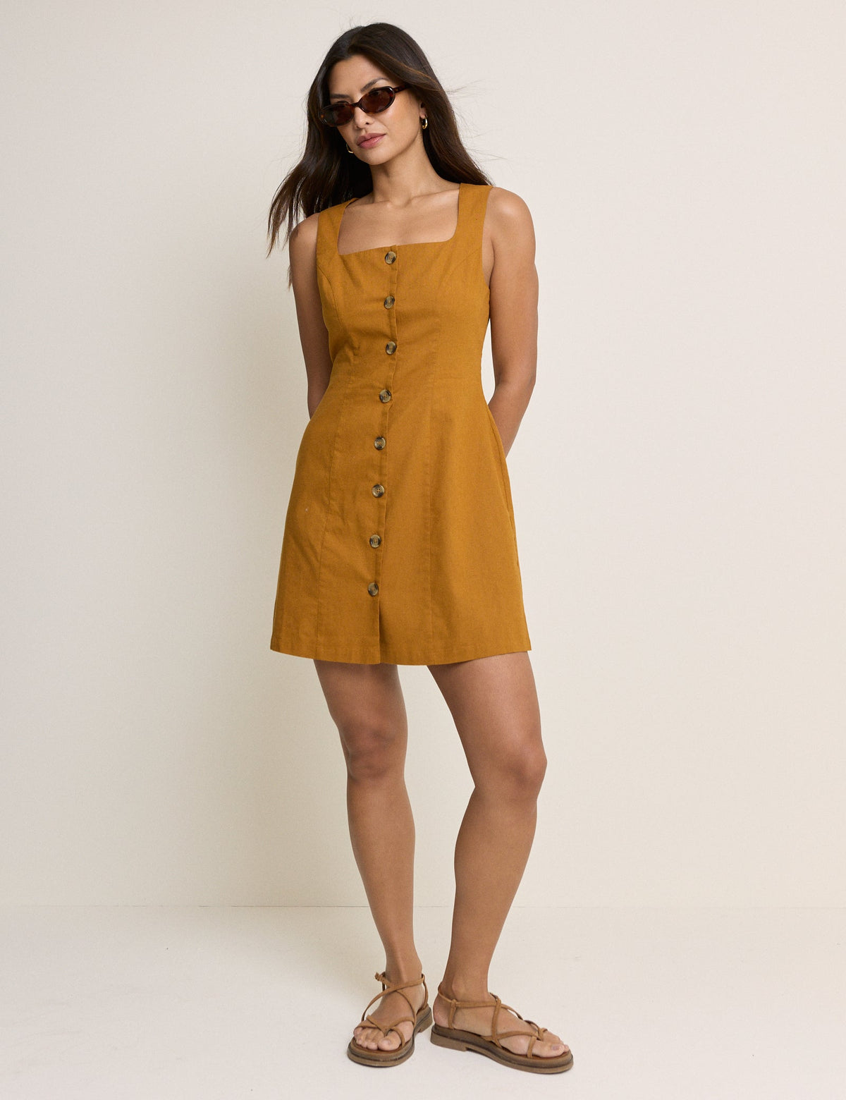 Mustard Sarı Kare Yaka Rosie Mini Boy Elbise