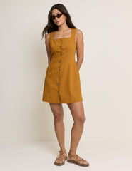Mustard Sarı Kare Yaka Rosie Mini Boy Elbise