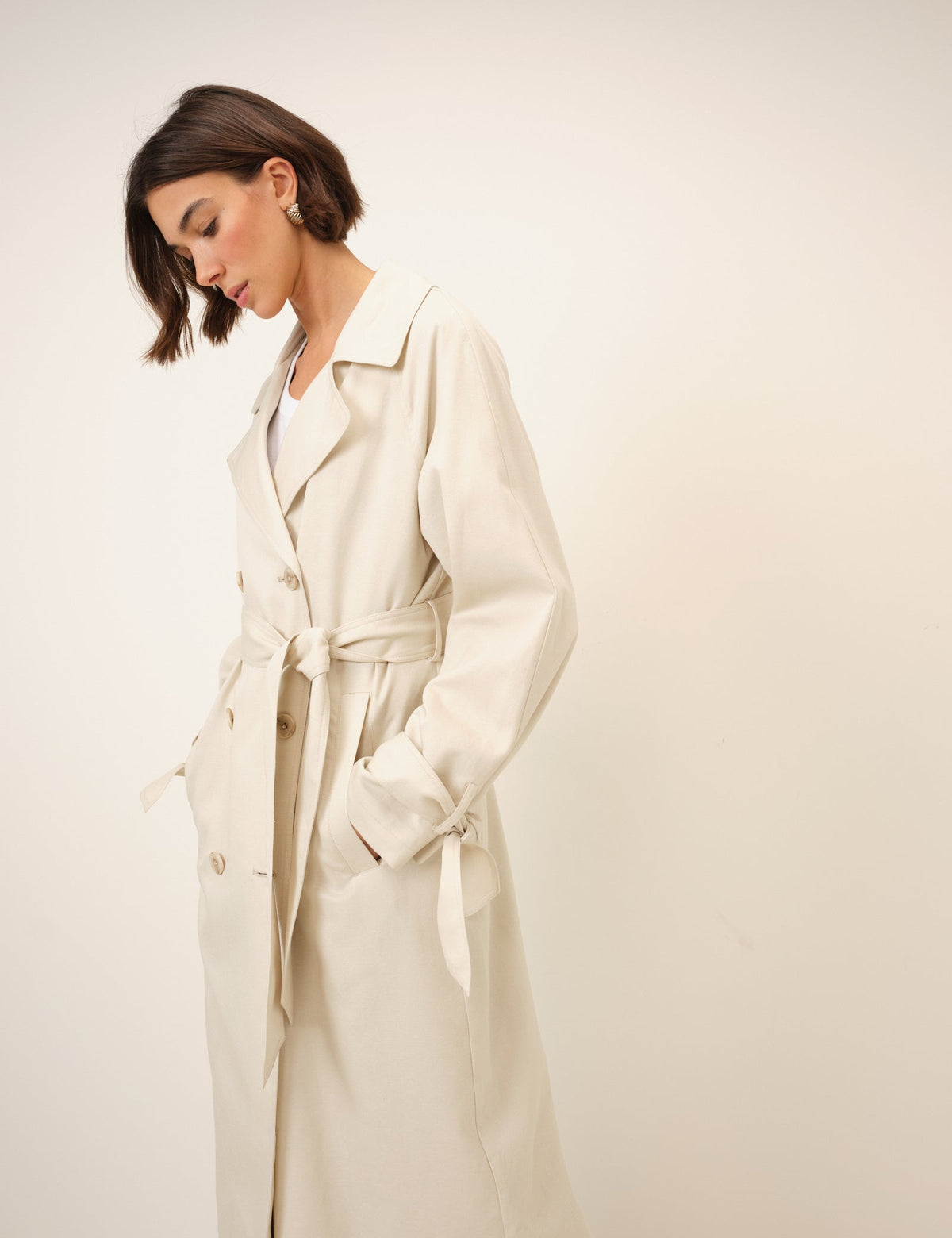 Krem Çift Düğmeli Lightweight Trençkot