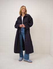 Lacivert Uzun Kesim Dik Yaka Parka Ceket