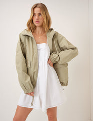 Yeşil Kapüşonlu Dik Yaka Windbreaker Ceket