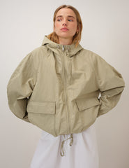Yeşil Kapüşonlu Dik Yaka Windbreaker Ceket