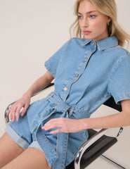 Denim Kuşaklı Şort Tulum