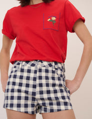Lacivert Denim Pötikareli Mini Şort