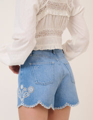 Mavi Denim İşlemeli Şort