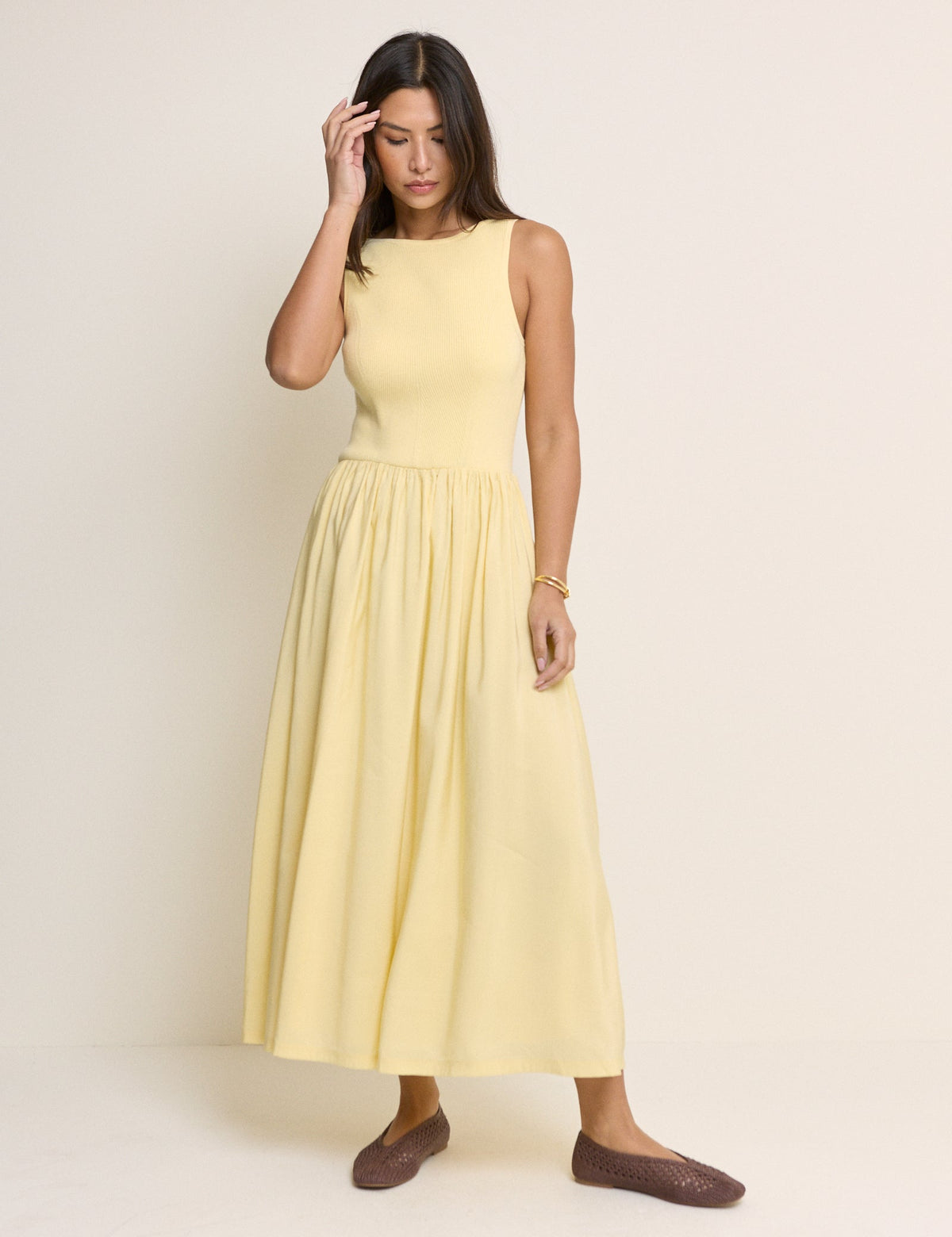 Sarı Fitilli Kayık Yaka Örgü Elbise