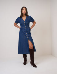 Mavi Denim Balon Kollu Sienna Midi Boy Elbise