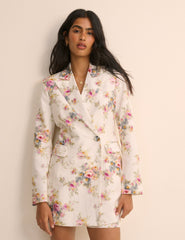 Beyaz Çiçek Desenli Keten Karışımlı Çift Düğmeli Suki Blazer Ceket