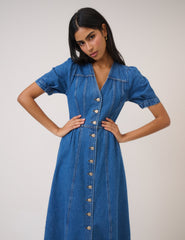 Mavi Denim Balon Kollu Sienna Midi Boy Elbise
